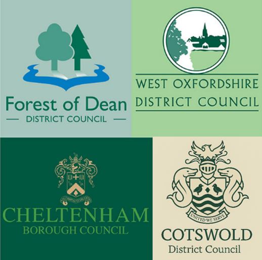 Image shows the council logos for Forest of Dean, West Oxfordshire, Cheltenham and Cotswold
